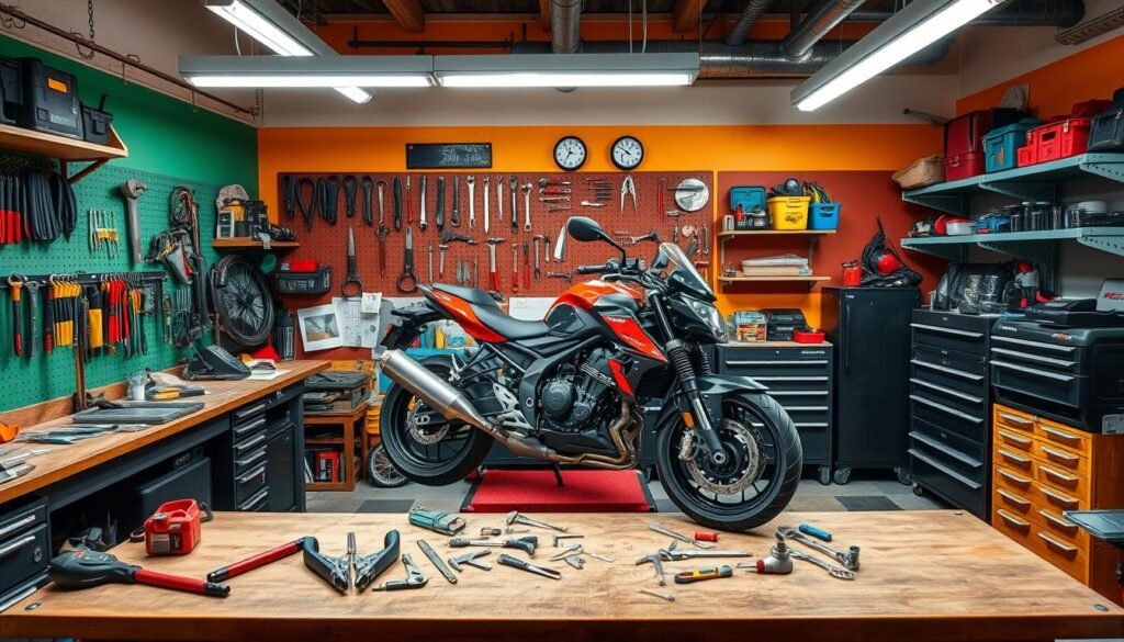 motorcycle workshop setup with organizing tools